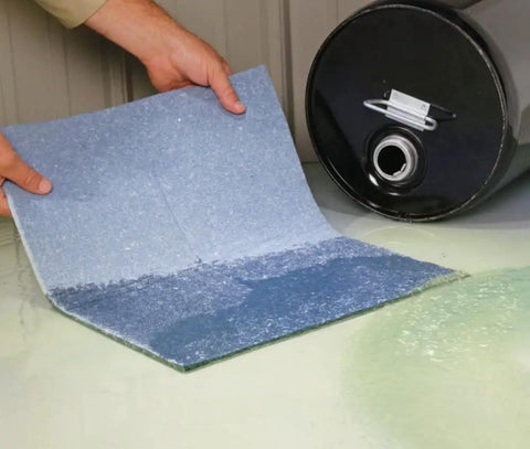 Using Blue Absorbent Mat Pad In Dispenser Box Heavy Duty Pack Of Fifty With 75 Percent Recycled Fibers Fire Retardant For Safety