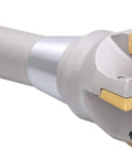 Accusize 2in indexable end mill, 6-1/8in OAL, 90-degree R8 shank, five APKT1604 carbide inserts, side view.