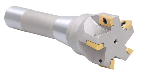 Accusize 2in indexable end mill, 6-1/8in OAL, 90-degree R8 shank, five APKT1604 carbide inserts, side view.