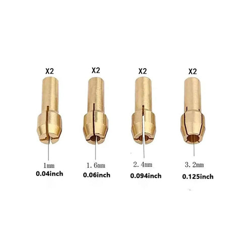 Get These Epic 2 Piece Brass Drill Chuck Adapters With Micro Collets For Your Rotary Tool, sizes ranging from 0.04 to 0.125 inches.