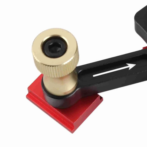 Precision Ball Bearing Roller Guide Wheel For Table Saw Fence Mount, close-up of adjustable gold knob and red base, heavy duty build.