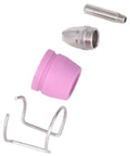 Premium Plasma Torch Rebuild Kit For Welding Pros Featuring Stainless Steel Rings Plus Ceramic Nozzle Conductive Electrode And Complete Consumables Set showing ceramic nozzle, stainless parts, and hook.