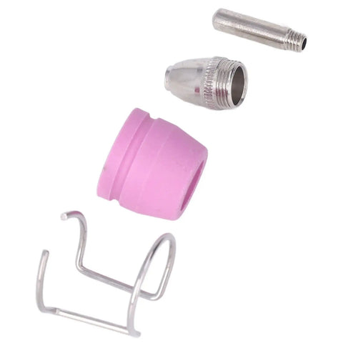 Premium Plasma Torch Rebuild Kit For Welding Pros Featuring Stainless Steel Rings Plus Ceramic Nozzle Conductive Electrode And Complete Consumables Set showing ceramic nozzle, stainless parts, and hook.