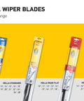 Hella wiper blades product range including Cleantech, Standard, Rear Flat, and Winter models displayed on yellow background