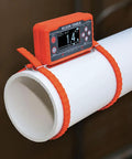 Digital Level And Angle Gauge Kit With Plumbers Straps Magnetic Base And Alarm For Pros attached to white pipe
