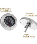 Three Inch Face 1000F BBQ Thermometer Temperature Gauge for Charcoal Grill and Smoker, Stainless Steel Dial, Side and Back View