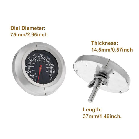 Three Inch Face 1000F BBQ Thermometer Temperature Gauge for Charcoal Grill and Smoker, Stainless Steel Dial, Side and Back View