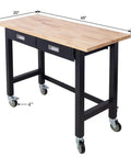48 Inch Heavy Duty Mobile Workbench With 2 Drawers Solid Rubber Wood Top Rolling Garage Table With Locking Casters Steel Workbench