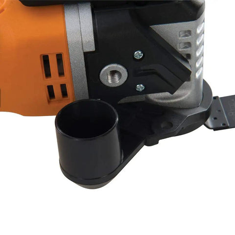 Close-up of Powerful 300W Corded Oscillating Multi Tool With Variable Speed showing metal gearing and dust extraction collar