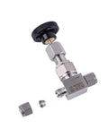 SS-31RS4 needle metering valve with high-pressure card sleeve interface; stainless steel body and knurled adjustment knob.