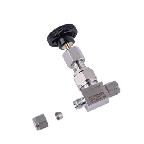 SS-31RS4 needle metering valve with high-pressure card sleeve interface; stainless steel body and knurled adjustment knob.