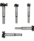 Professional Workhorse Forstner Drill Bit Set Five Piece Heavy Duty Flat Bottom Woodworking Tools, sharp steel cutters, various sizes.
