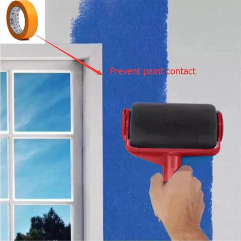 Cut The Grind And Skip The Tape With This Seamless Paint Roller And Flocked Wall Edger For Fast Mess Free Coating Save Bucks And Nail Pro Look On Any Surface Real Quick Deal, using a red paint roller against a blue wall.
