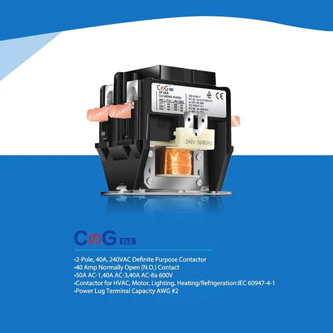 2 Pole Air Conditioner Contactor, 40 Amp 240V Coil, Built Tough HVAC Contactor For Condenser And Compressor on blue background