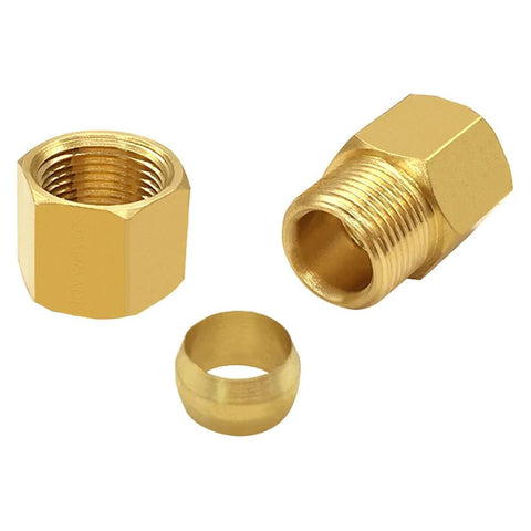 Brass compression fittings set, pack of 3, for 3/8 in tube OD x 1/4 in compression female union with nuts and ferrule.