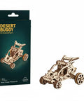 Desert Buggy 3D Wood Puzzle Kit With Rubber Band Motor Open Frame Mechanical Model Easy Self Assembly Dune Racer Gift For Boys And Girls Kid Friendly STEM Toy And Educational Project, box and assembled plywood buggy