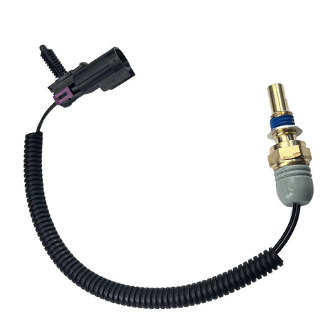 Radiator coolant temperature sensor pigtail with brass sensor, blue seal, and black wiring harness