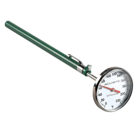 Stainless Steel Soil Thermometer for Garden and Indoor Potting, 7 Inch Stem, 0 to 220 Fahrenheit, shown with protective sheath and clip