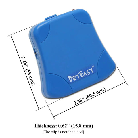 Bedwetting Alarm With Volume Control And Six Sound Options Plus Gentle Vibration Secure Sensor Clip For Accurate Early Warnings And Helps Your Kid Stay Dry All Night Long For No Mess Mornings. 2.28 x 2.38 x 0.62 in blue plastic unit