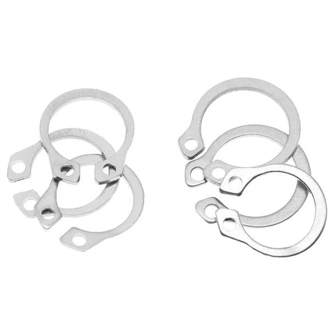 Stainless Steel C Clip Circlip External Retaining Rings Set 9mm To 14mm with Box, shown laid flat for mechanical assemblies.
