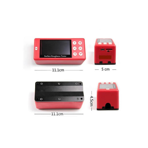 Portable Surface Roughness Tester Dead Accurate Metal Plastic Wood Finish Gauge With Knockout dimensions displayed on a red handheld device.