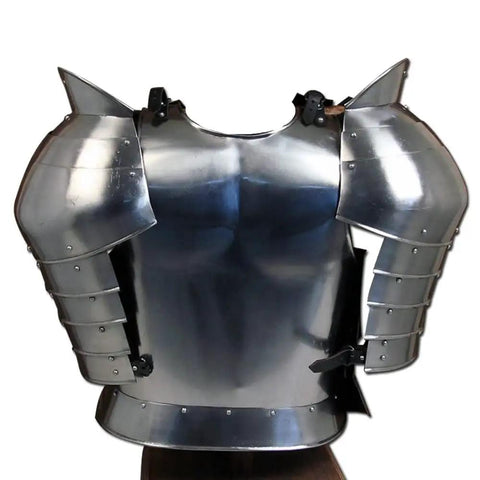 Front view of 18G Steel Breastplate Cuirass With Removable Pauldrons, Adjustable Leather Straps, Hardcore Medieval Armor for Reenactments