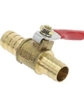 Heavy Duty Brass Ball Valve With Hose Barb Fitting Transitions 1/4 Inch To 12mm Tubing, featuring red handle and durable brass construction.
