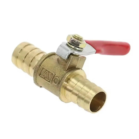 Heavy Duty Brass Ball Valve With Hose Barb Fitting Transitions 1/4 Inch To 12mm Tubing, featuring red handle and durable brass construction.