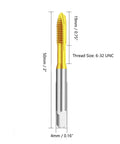 6-32 UNC Spiral Point Threading Taps Built For Serious Metal Shop Grind showing 50mm length and titanium-coated tip.