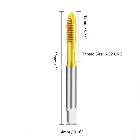 6-32 UNC Spiral Point Threading Taps Built For Serious Metal Shop Grind showing 50mm length and titanium-coated tip.