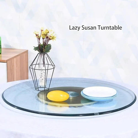 Round Glass Lazy Susan With Hella Sturdy Thickened Base For Dining Tables Heavy Duty Heat Resistant Serving Tray with plates and flowers