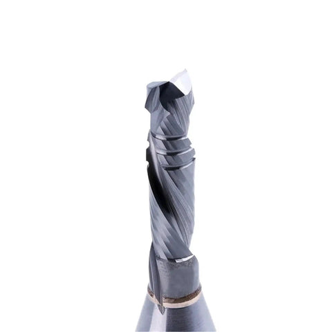 Heavy Duty Compression Router Bit Featuring Premium Carbide Flutes For Clean Flush Trimming Of Hardwood And Laminated Panels With Quick Chip Release That Works Like A Dream, close-up view showcasing flutes.