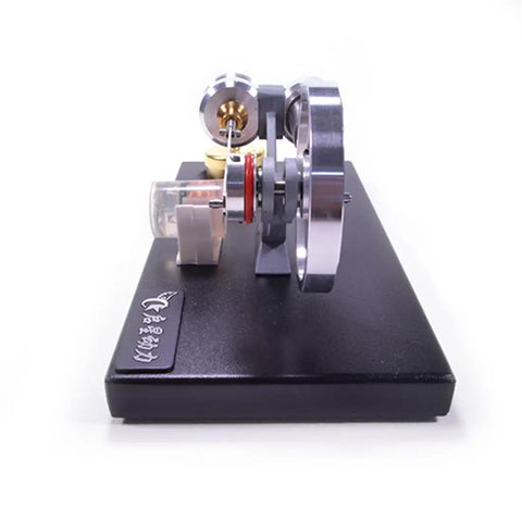 All Metal Cylinder Stirling Engine Generator DIY Kit With Four LED Lights And Metal Base Real Dope Hands On Science Project For Adults And Teens Great Desk Decor And STEM Teaching Tool For Home Or Classroom, front view on black base
