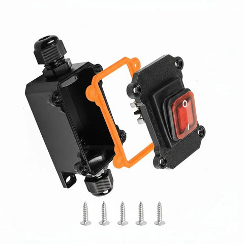 Waterproof 12V Inline DPST Outdoor Toggle Switch For 12 Or 24V DC On Off With Red LED, shown with screws and orange gasket