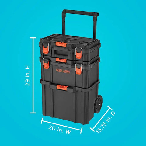 Beyond Stackable Tool Storage System 3 Piece Set With Small Deep Toolbox And Rolling Tote on blue background