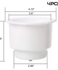 Side view of All Weather Boat Cup Holder Set With Drain Insert White Four Pack Durable Marine Plastic Drink Holders for Boats with dimensions.