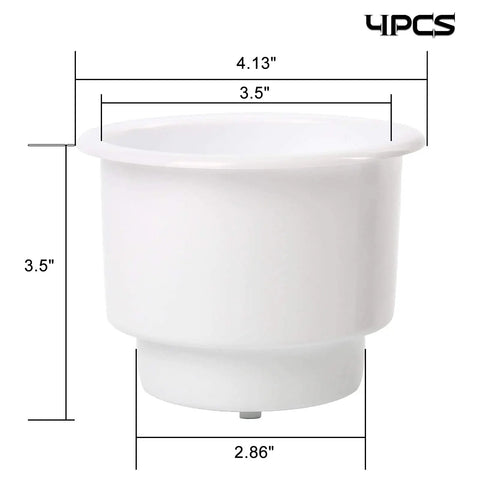 Side view of All Weather Boat Cup Holder Set With Drain Insert White Four Pack Durable Marine Plastic Drink Holders for Boats with dimensions.