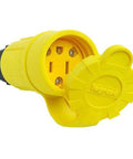 Yellow 15 Amp Watertight NEMA 4X 6P Straight Blade Connector 5-15R, 125V, 3-wire plug with grippy rubber sealed body, front view.