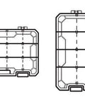Diagram of five removable Tuff Tainer boxes from the Pro Multiloader Tackle Box With Zerust Anti Rust Technology Portable Lure Organizer Station