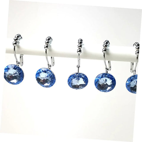 Blue Stainless Steel Shower Curtain Hooks With Rhinestones Rust Resistant Double Glide Rings 12 Piece Set hanging on rod