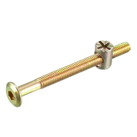 Close-up of single bolt and barrel nut from 4 Pack M6x70mm Furniture Bolt Nut Set With Hex Socket Screws And 50mm Thread Length Includes Barrel Nuts