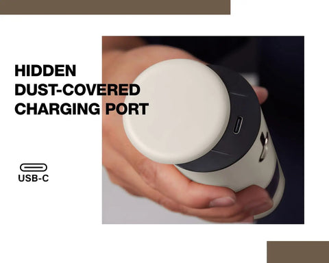 Rechargeable Electric Salt And Pepper Grinder Set with USB Charging, dust cover visible, in greige and buttercream.