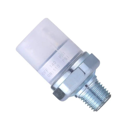 Go-To Air Pressure Switch 1/4 Inch 18 NPT 110 To 140 PSI DC 24V Or 12V Auto On Off IP54 Rated Silver showing 110/140 PSI markings