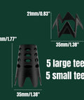Reusable Plastic Golf Simulator Tees With Tether Base For Indoor Mats Keeps Tees Locked shown with sizes and quantities