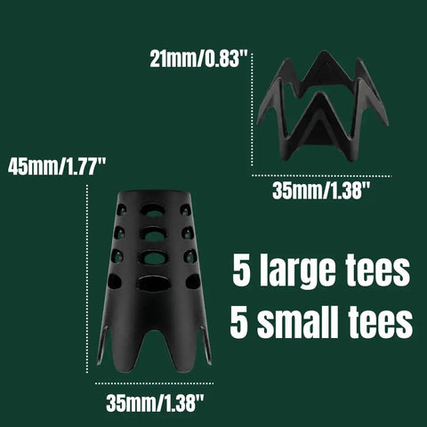 10 Pack Plastic Golf Tees For Simulator Mats And Indoor Practice Durable Reusable Tees, 5 large 5 small, specs shown.