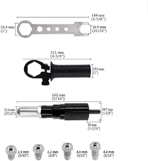 Cordless Rivet Gun Tool Kit For Drills With Four Threaded Heads 2.4mm 3.2mm 4.0mm 4.8mm, Pro Grade Riveter Drill Attachment Set.
