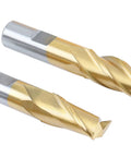 Two TiN-coated HSS end mills with straight shanks.