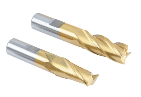 Two TiN-coated HSS end mills with straight shanks.