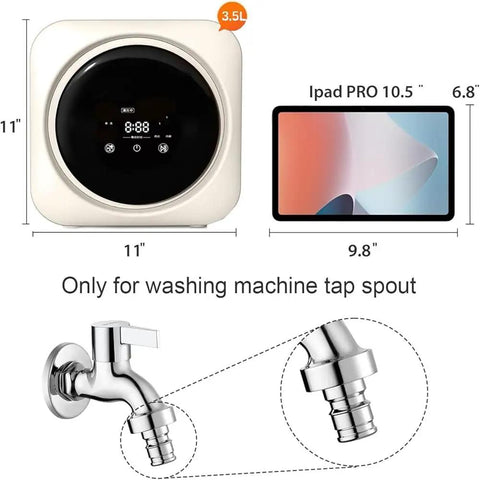 Compact Mini Washer And Dryer Combo Wall Mounted Portable Laundry Center For Small Spaces showing control panel and size dimensions.