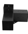 Super Sturdy Steel Bracket Kit For DIY Elevated Wood Stands Featuring Rustproof Coating Eight Piece Hardware Set side view of sturdy black steel bracket.